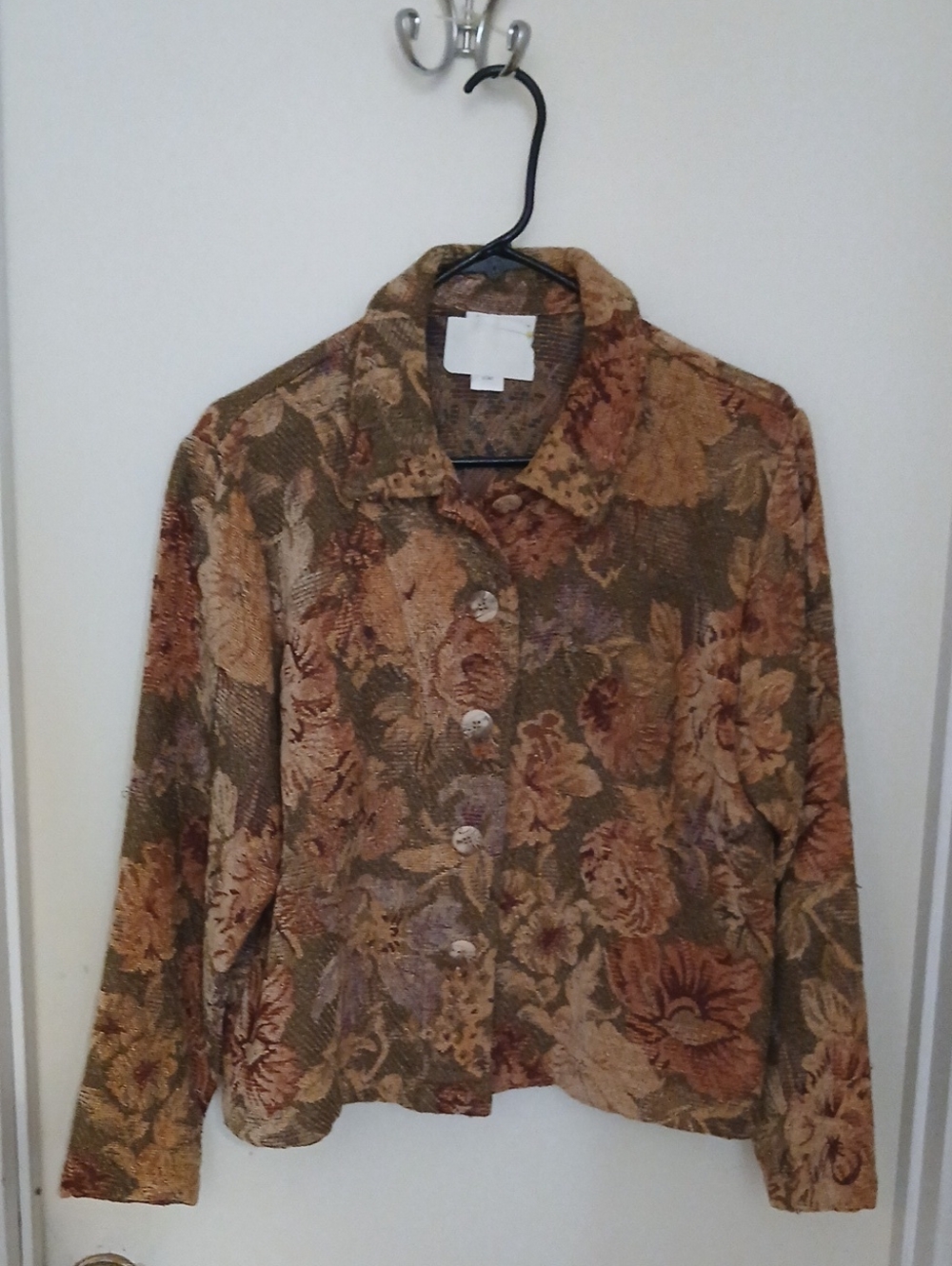 Coldwater Creek Floral Tapestry Jean Jacket - Olive, Rust, Tan